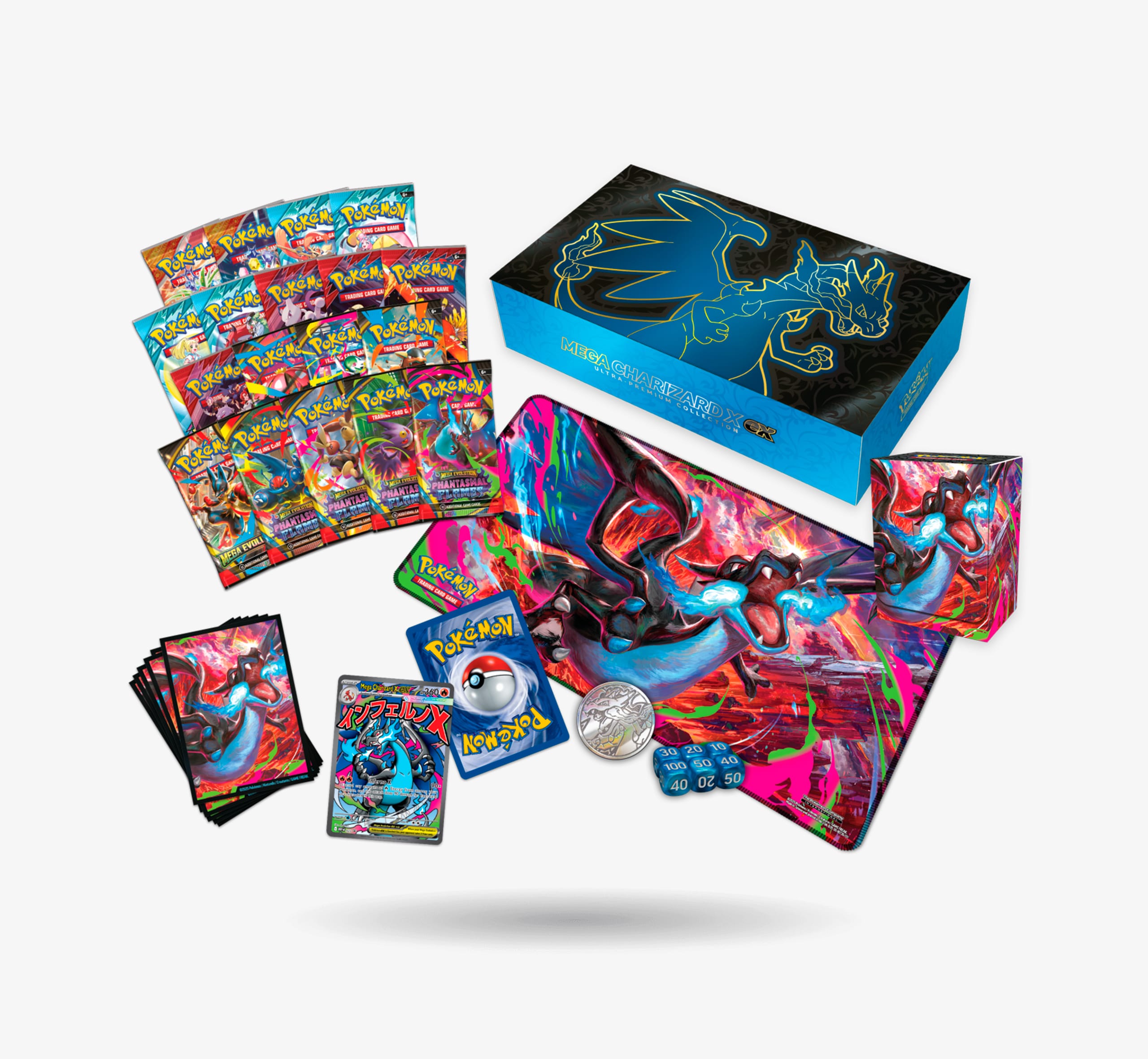 Caja premium Pokémon Mega Charizard X con cartas promocionales, sobres y accesorios incluidos