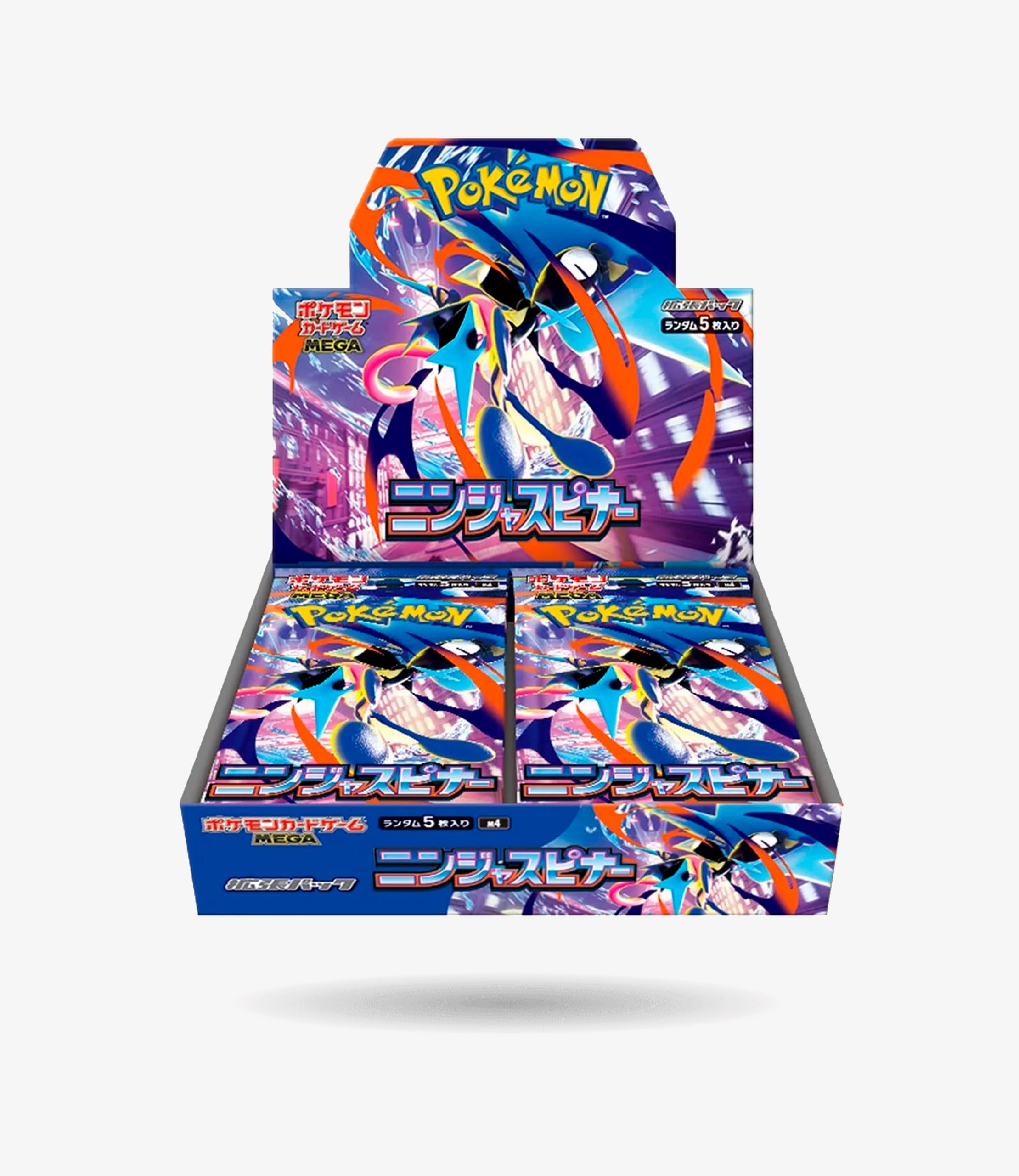 Booster Box Ninja Spinner Japonés Pokémon TCG M4 con arte de Mega Greninja ex, 30 sobres sellados, vista frontal.