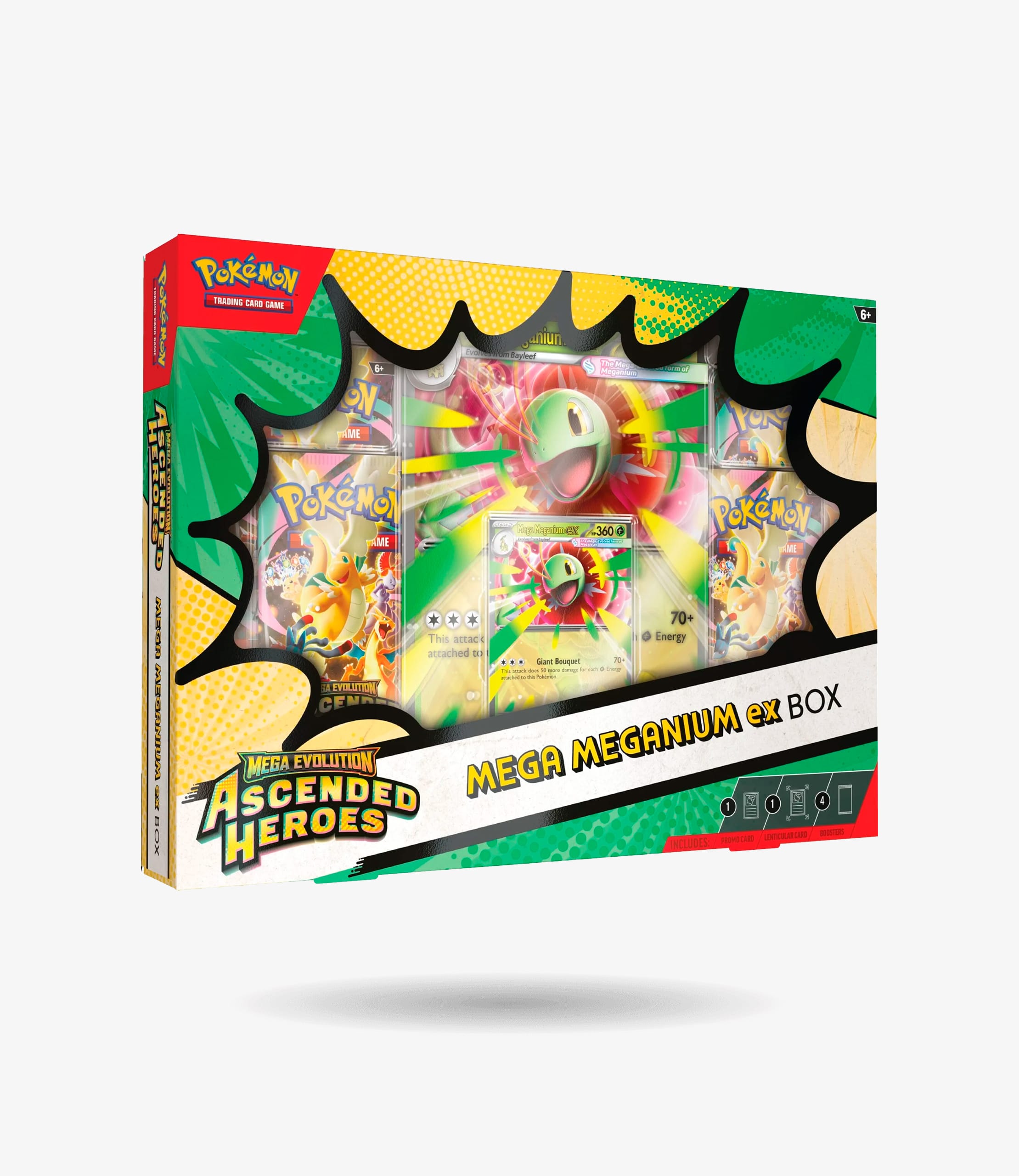 Caja Mega Meganium EX Pokémon TCG Megaevolución Héroes Ascendentes en español, con carta promo holográfica y carta lenticular jumbo