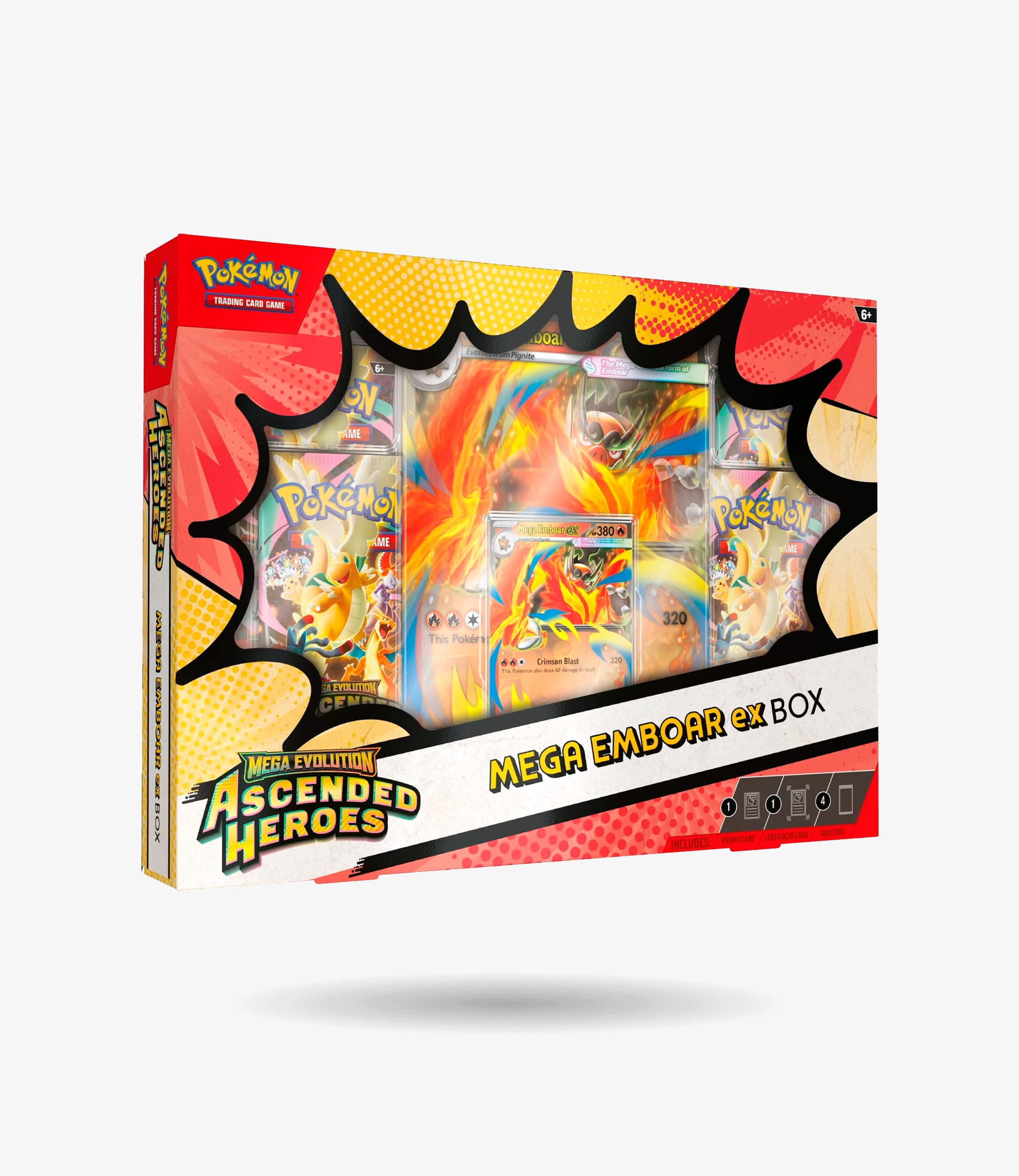 Caja Mega Emboar EX Pokémon TCG Megaevolución Héroes Ascendentes en español, con carta promo holográfica y carta lenticular jumbo